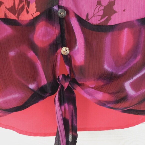 Fig & Flower Womens Shirt M Magenta Red Colorful Tie Front Button Up Sheer - Picture 3 of 7